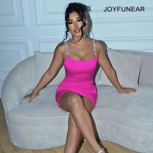 Hot Pink Joyfunear Rhinestone Satin Cami Bodycon Party Dress